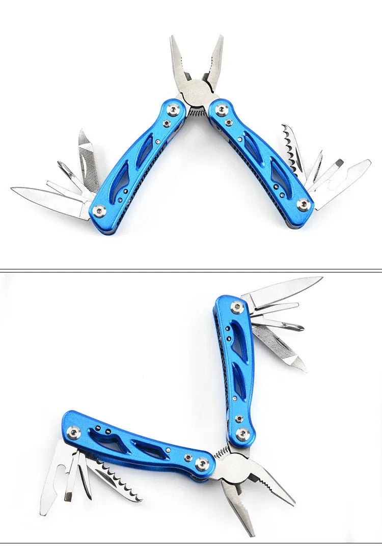 Blue outdoor multi-function pliers knife with stainless steel construction and Oxford fabric carry bag