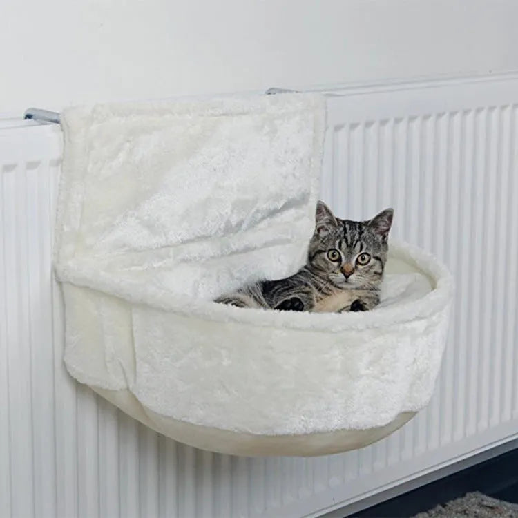 Grey iron frame cat hammock with fleece cloth sleeping surface.