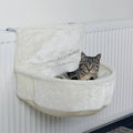 Grey iron frame cat hammock with fleece cloth sleeping surface.