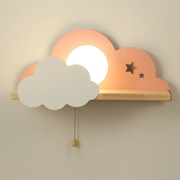 Cloud-shaped decorative glass wall lamp mounted on a wall, showing its silhouette and dimensions.
