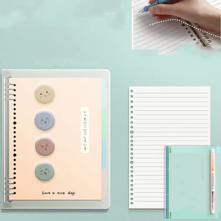 B5 hardcover notebook with lucky cat design showing binder binding for detachable pages