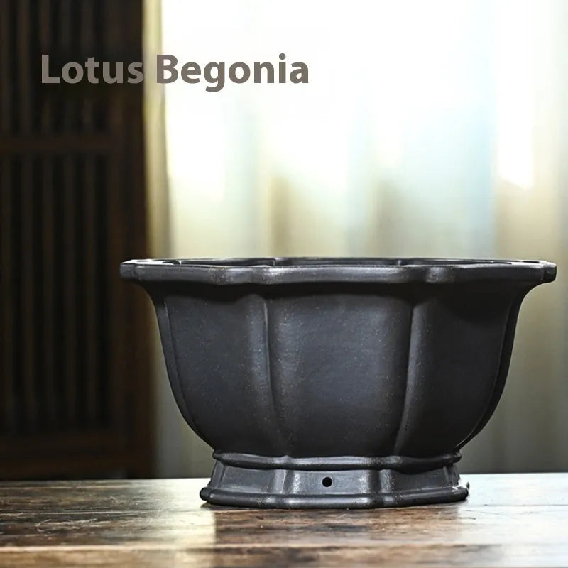 Handmade purple sand round flower pot with ancient copper clay finish for lotus begonia and indoor plants