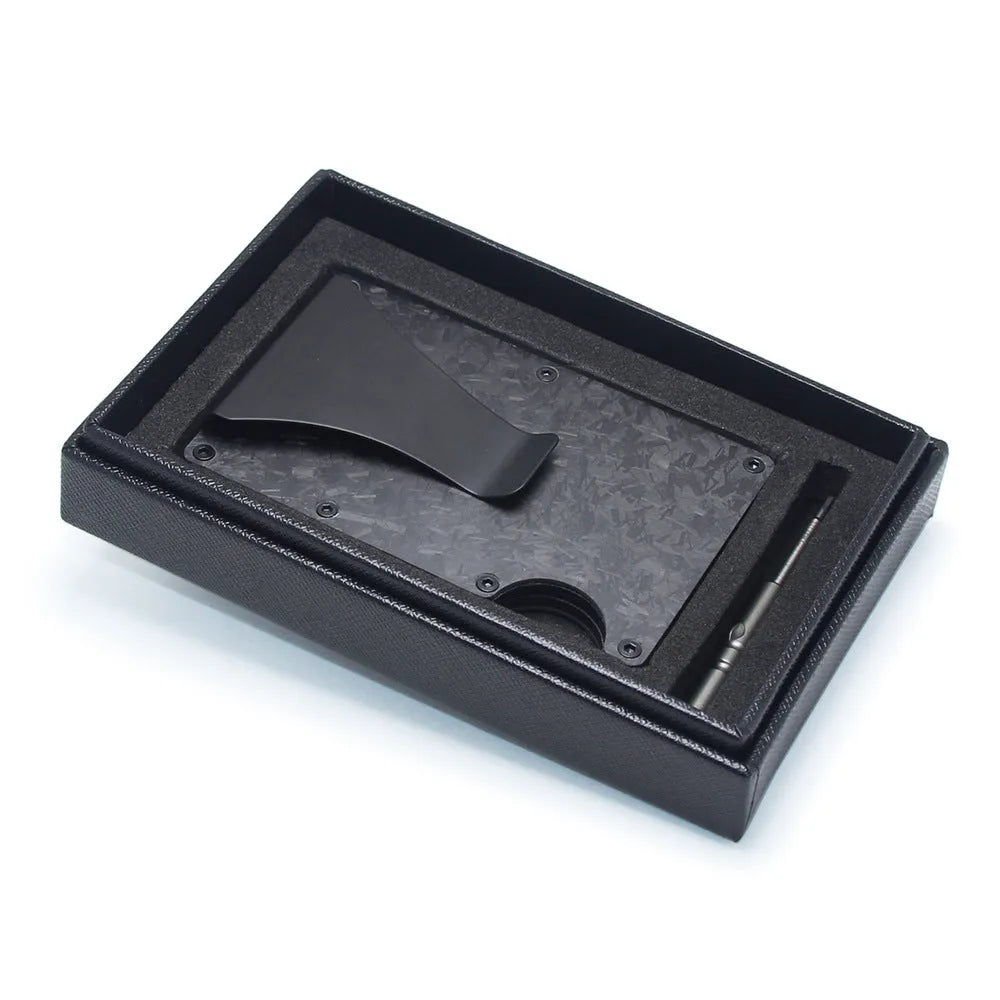 Geometric card holder in black carbon fibre showing slim 8mm profile and card capacity