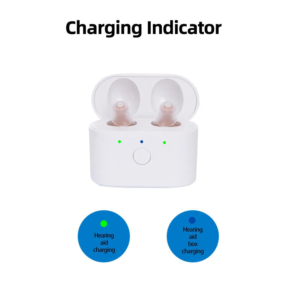 Rechargeable hearing aids with magnetic charging case in beige or red and blue colour options