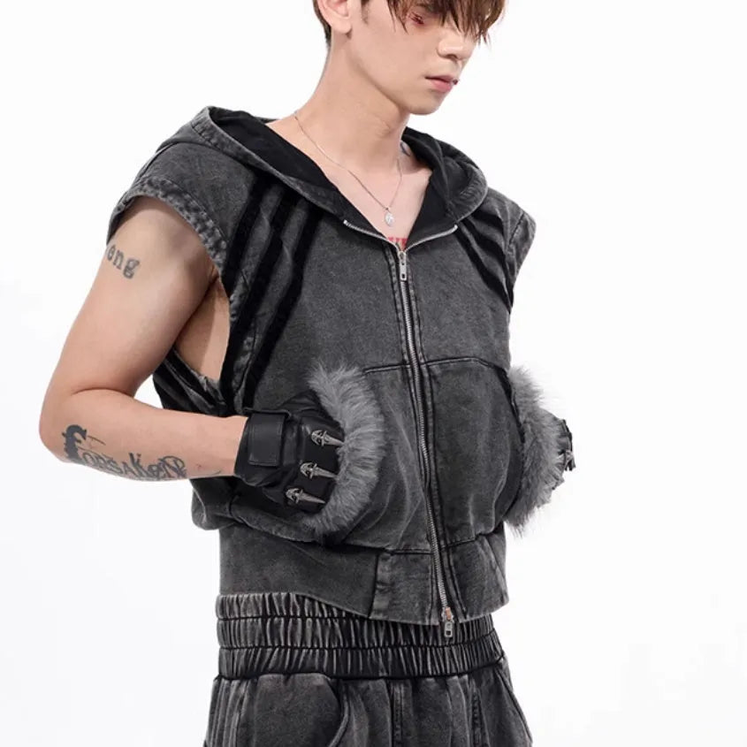 Black and grey stitching fur sleeveless hooded tank top and matching trousers set on a hanger