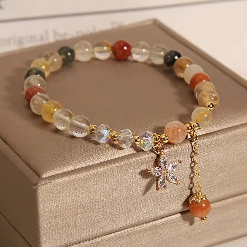Coloured hair crystal bracelet with cat's paw and butterfly charms in Korean unisex style