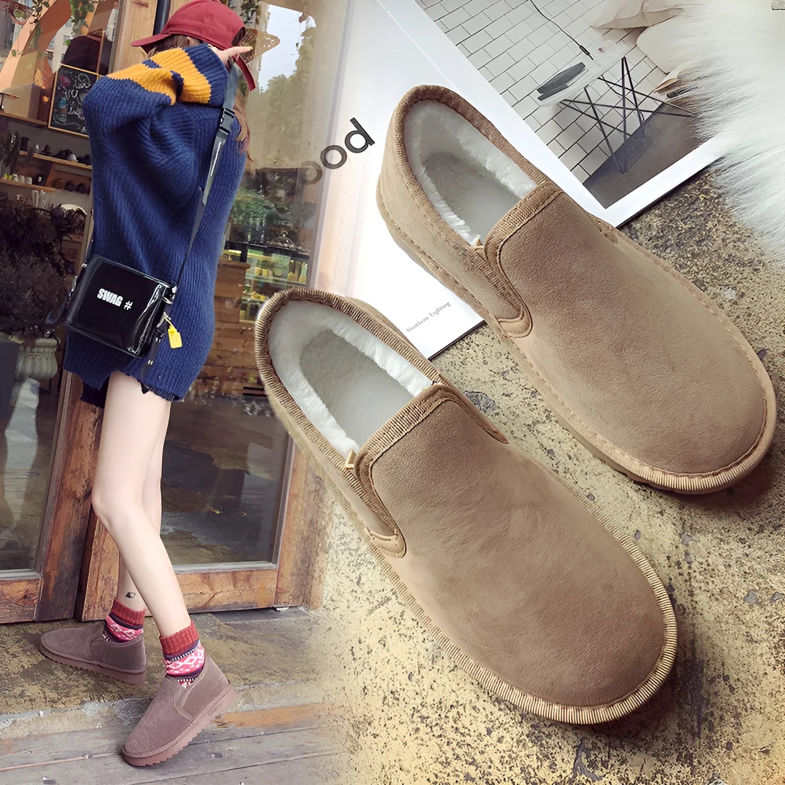 Women's fleece-lined flat snow boots in multiple colours with artificial wool lining and rubber soles