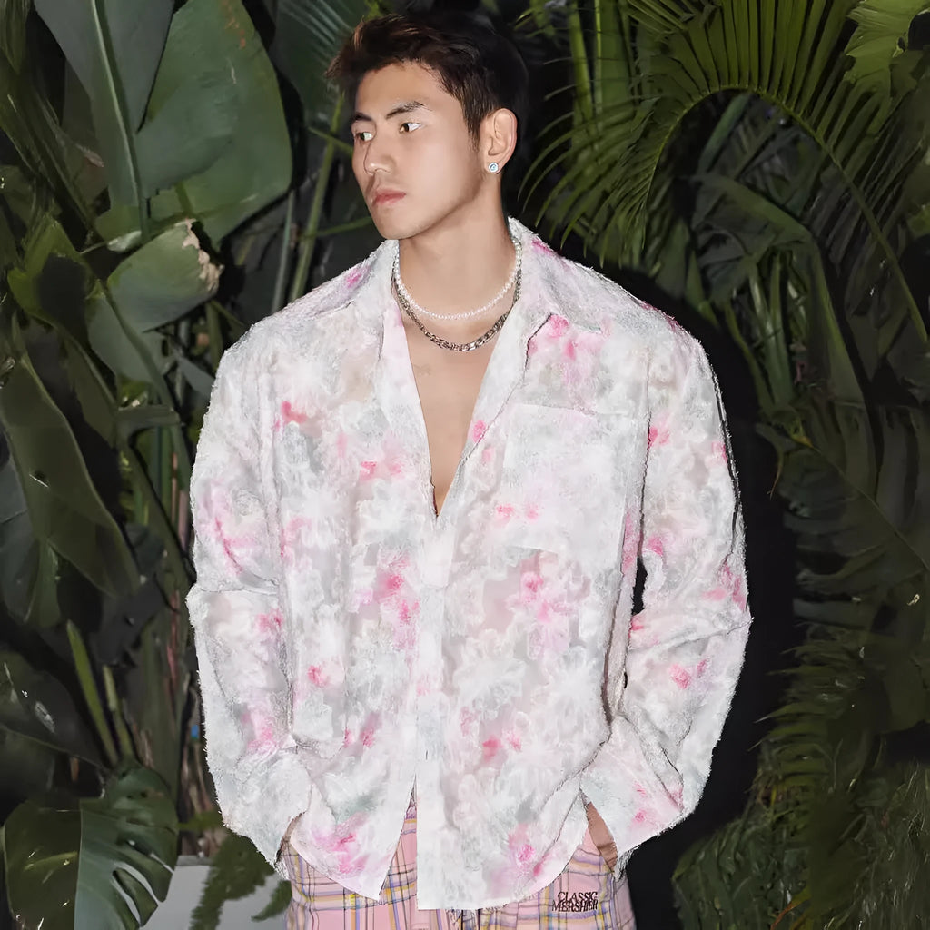 Men's loose fit long sleeve shirt with a raised 3D floral pattern in a pink colour option.