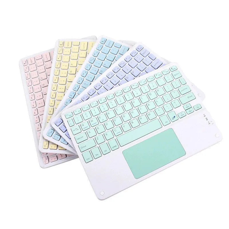 10-inch Bluetooth keyboard with touchpad, Type-C rechargeable, for mobile phone and tablet, shown in available colours