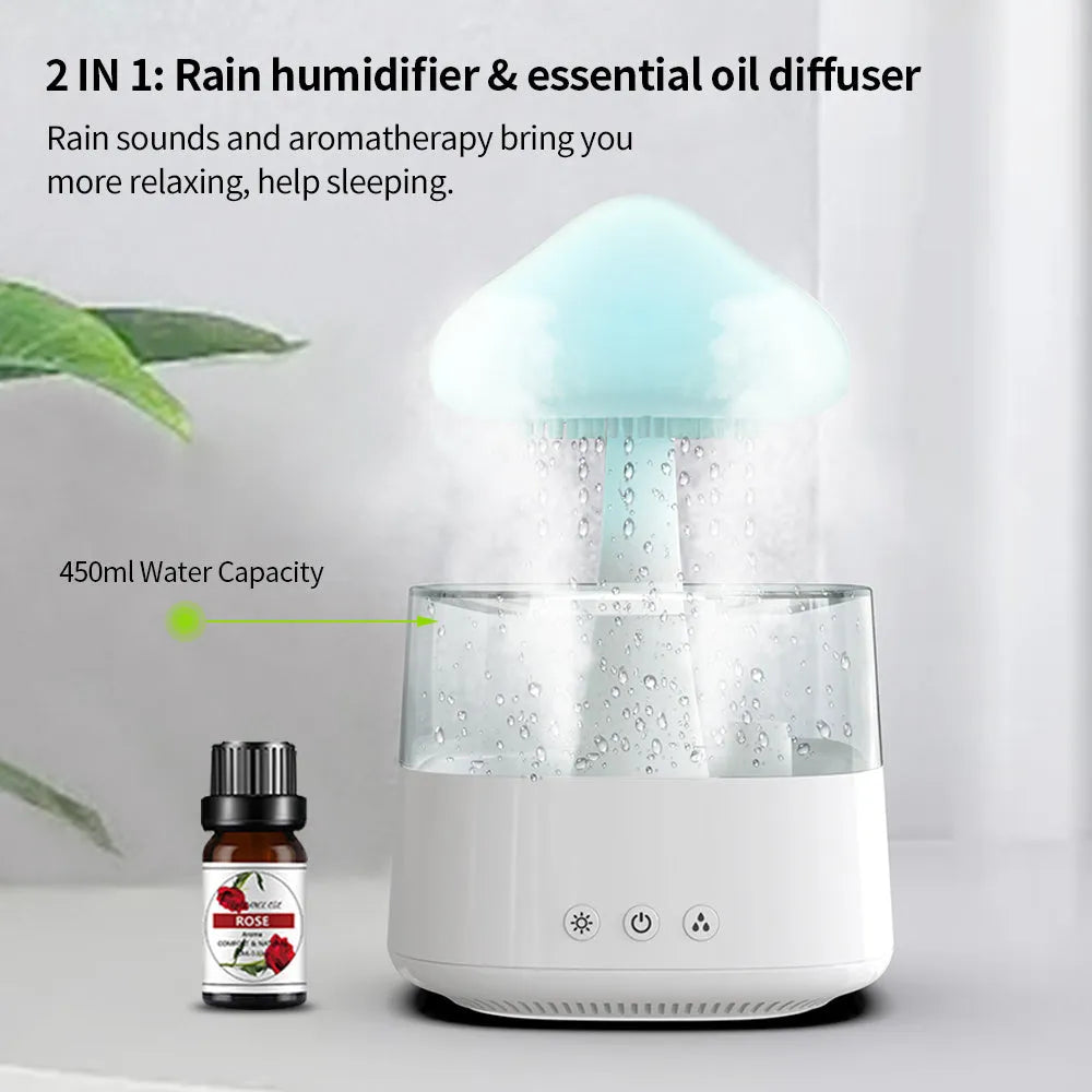 White raining cloud desk humidifier and essential oil diffuser with mushroom lamp night light