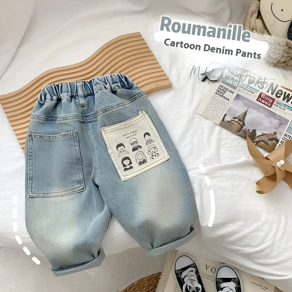 Boys casual light-coloured denim jeans with elastic waist and back pocket printing