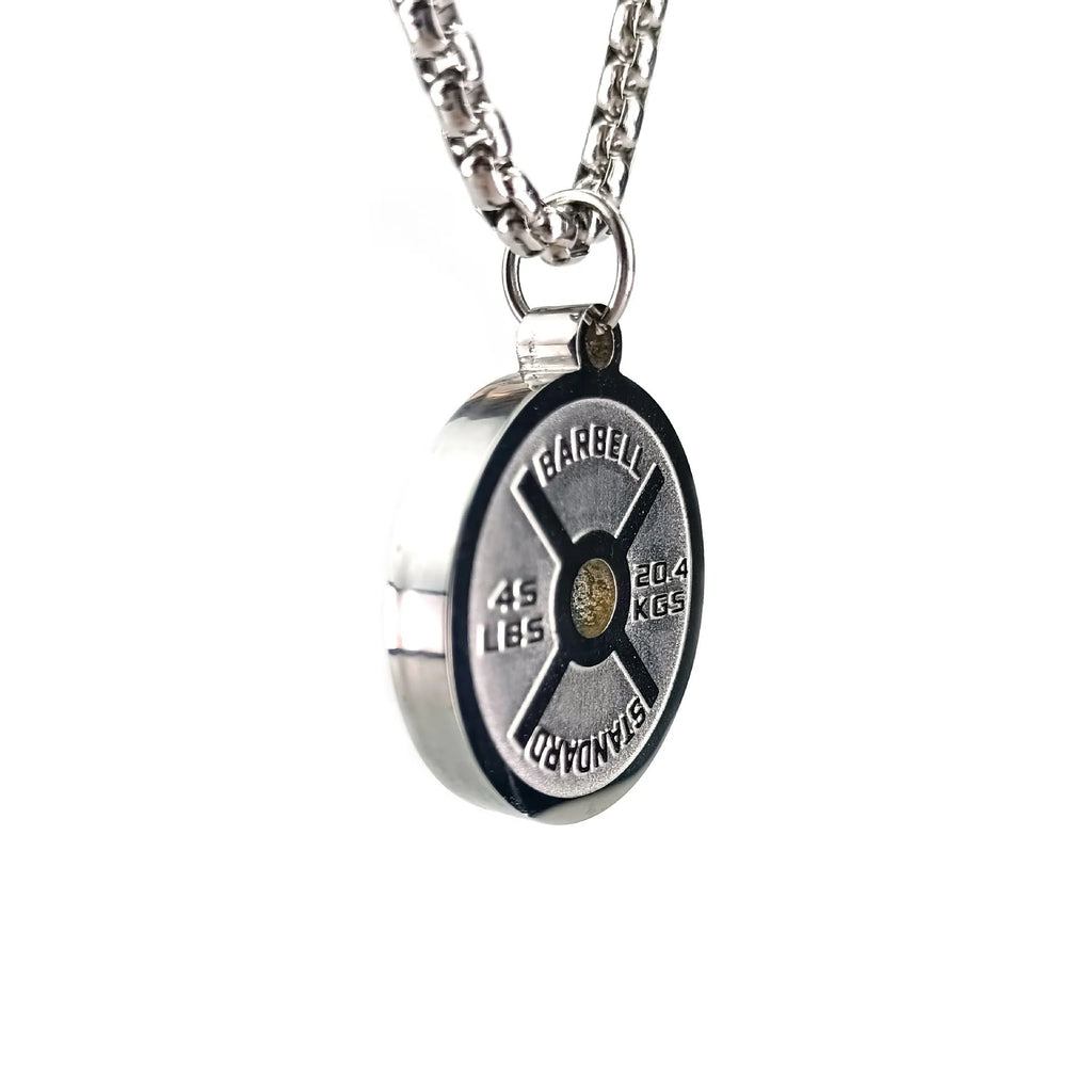 Stainless steel barbell disk sports necklace on a choice of pearl, gold, or black 60cm chain.