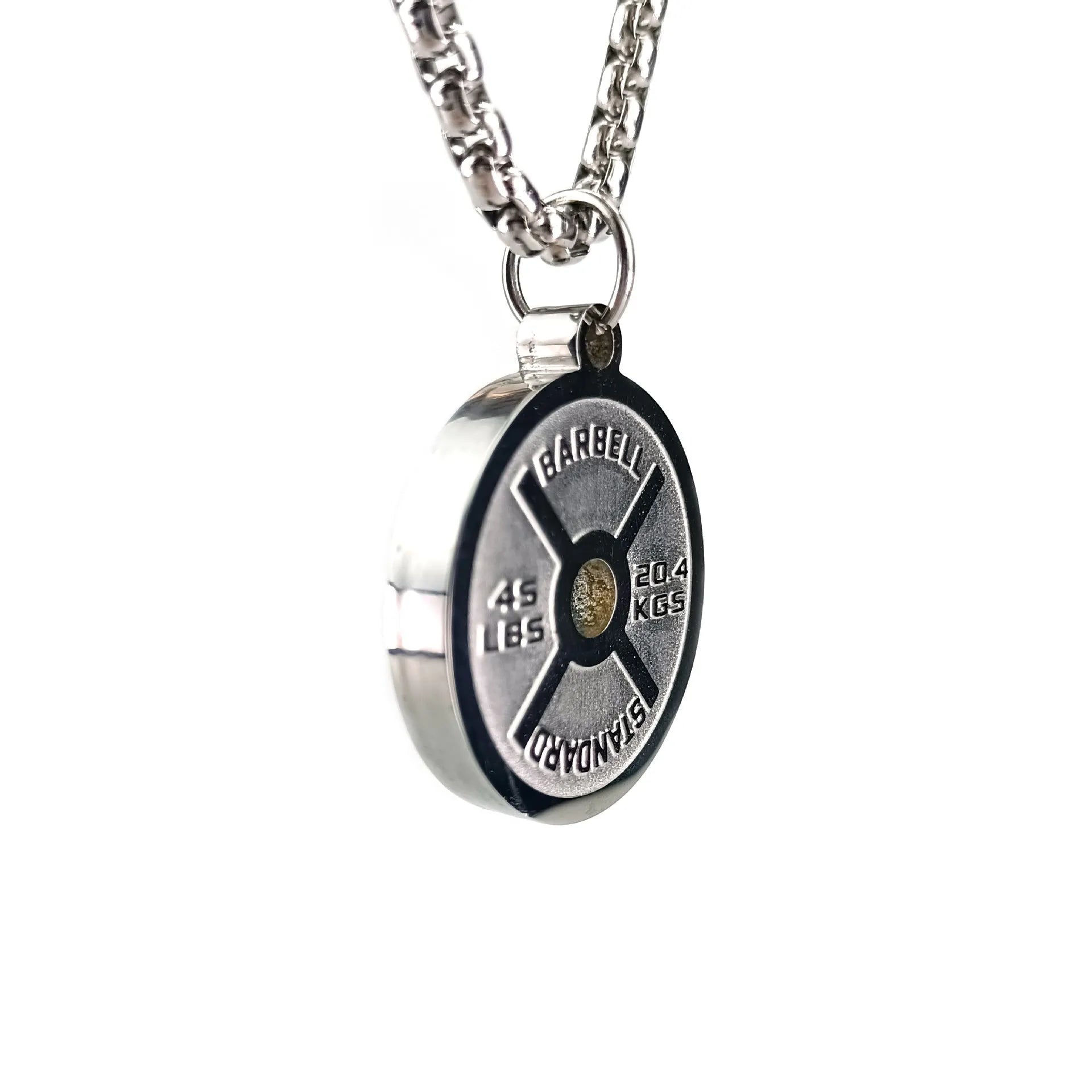 Stainless steel barbell disk sports necklace on a choice of pearl, gold, or black 60cm chain.