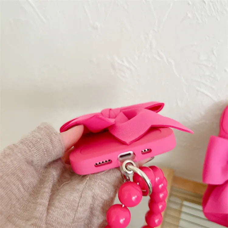 Rose Red silicone bow beads chain phone case for Samsung TPU back cover