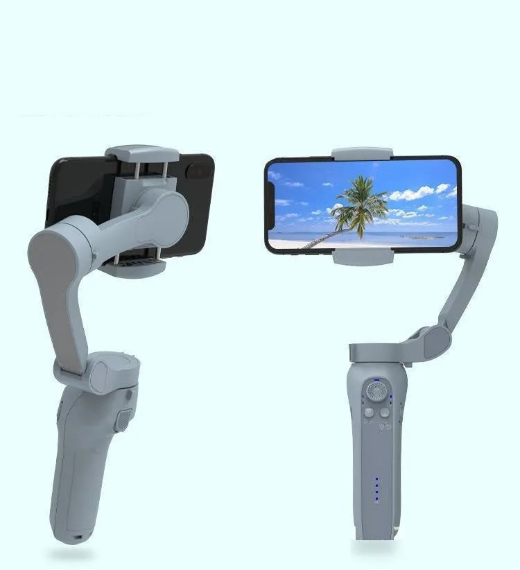 L7B PRO folding three-axis mobile phone gimbal stabiliser shown both unfolded and in compact folded position