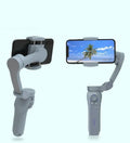 L7B PRO folding three-axis mobile phone gimbal stabiliser shown both unfolded and in compact folded position