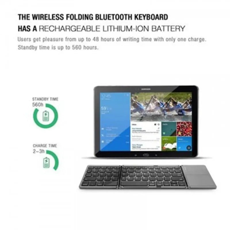 Folding Bluetooth keyboard with 64 ABS keys, black and white colour options, rechargeable battery, compact wireless design.