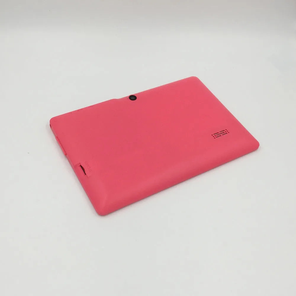 Children's tablet with 7-inch multi-touch screen, 8GB storage, 512MB RAM, ABS plastic shell, available in black, purple, and red.