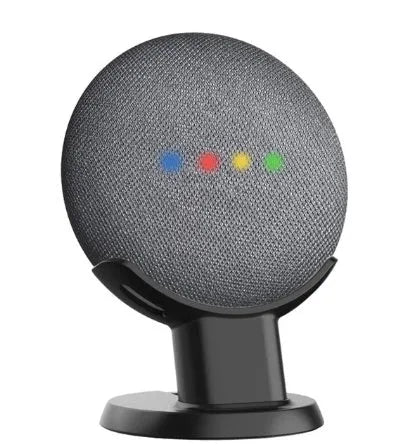 Black PlusAcc Google Home Mini stand holder on a wooden desk.