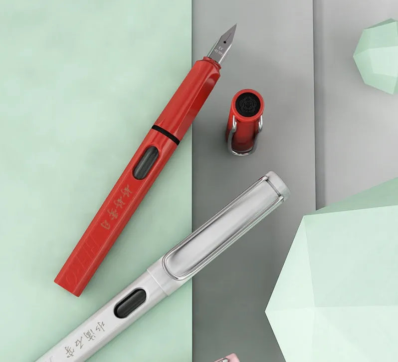 Engravable fountain pen with iridium nib, visual ink window, 0.38mm and 0.5mm options, plastic metal barrel