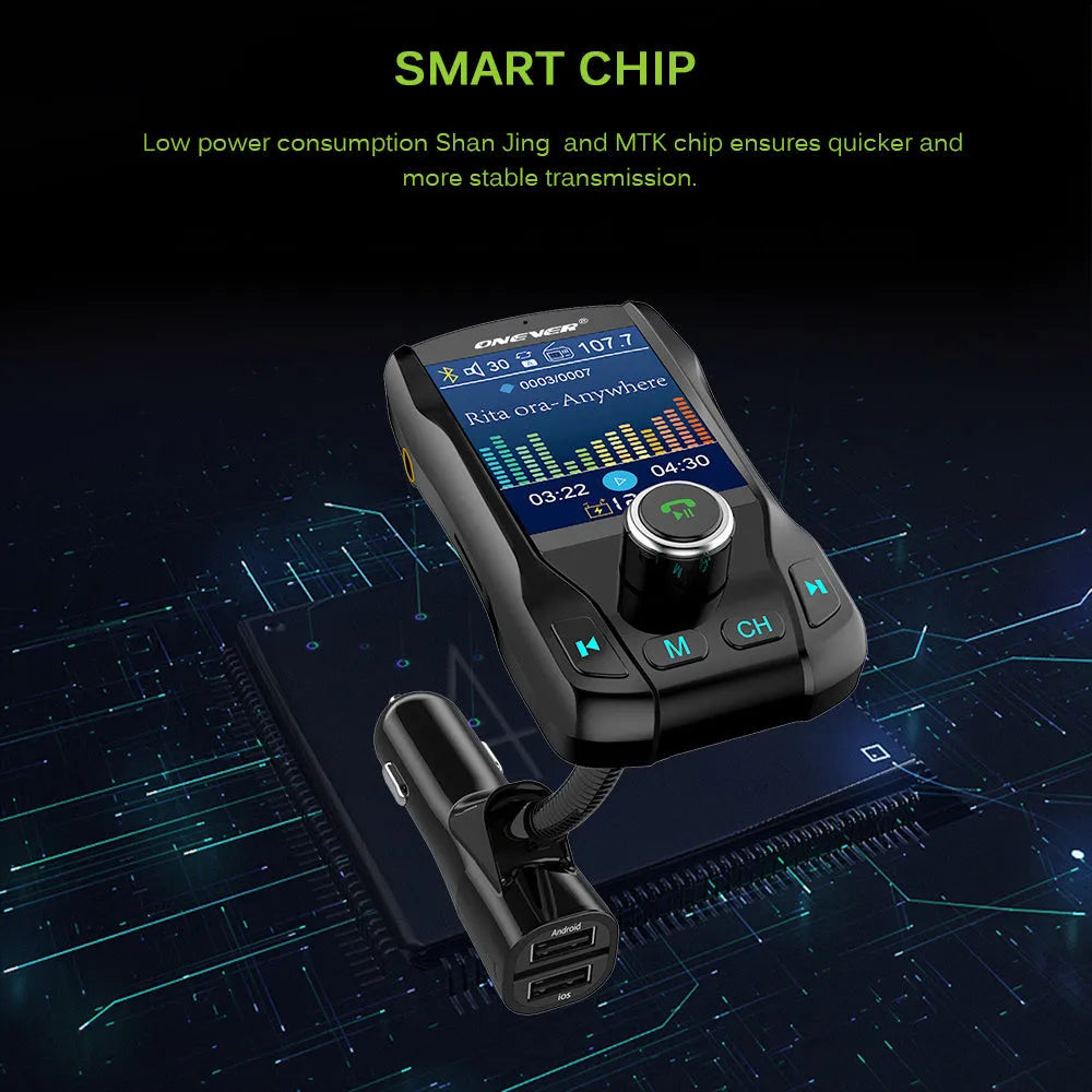 Black car Bluetooth FM transmitter with colour screen and dual USB ports plugged into a car dashboard.