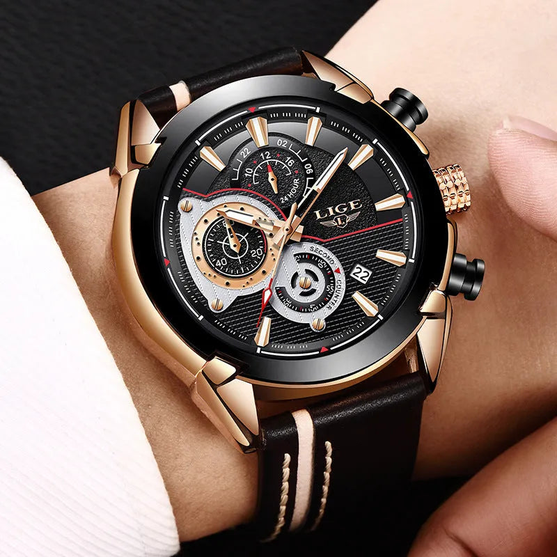 LIGE men's quartz chronograph watch 45mm stainless steel case black dial leather band luminous hands