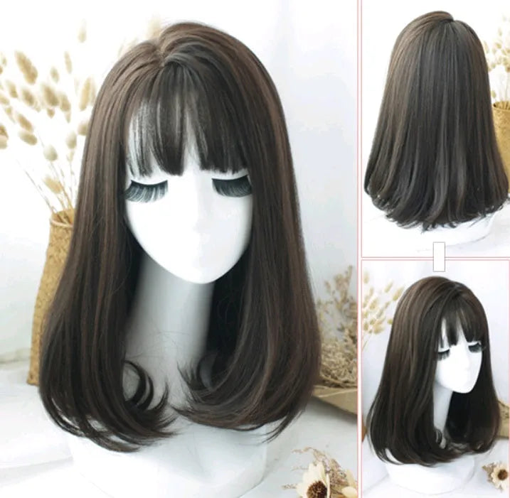 50cm long straight wig with Qi Liu Hai air bangs in high temperature fibre, light and thin women's hairpiece