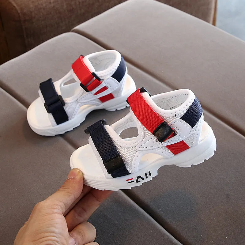 Toddler beach shoes with super fibre leather upper, rubber antiskid sole, Velcro fastening, black pink white, sizes 21-30