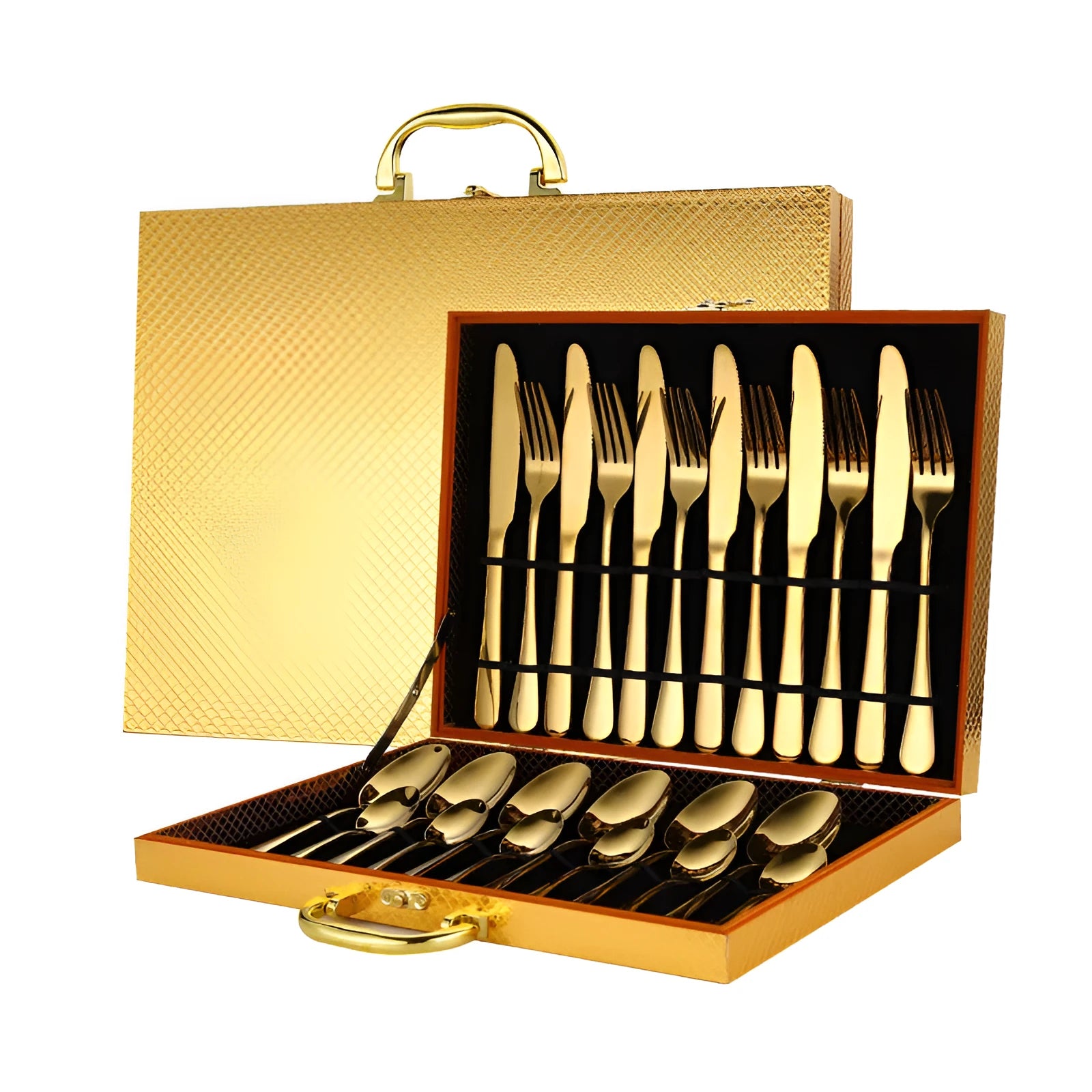 24-piece stainless steel cutlery set showing table knives, forks, and spoons in a gold colour option.