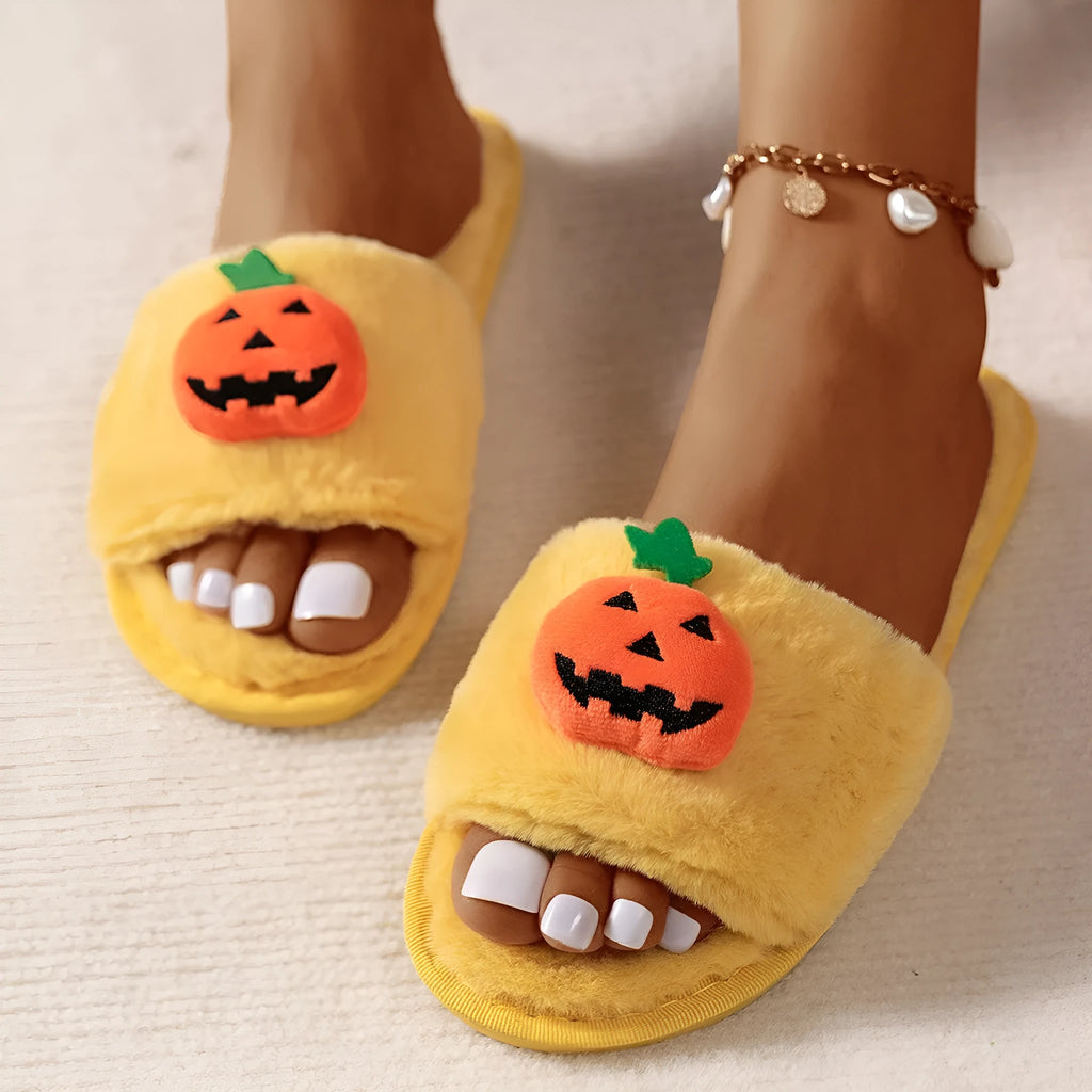 White and yellow Halloween pumpkin cartoon plush slippers with open toe design and anti-slip soles