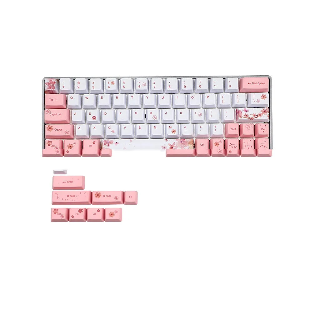Set of pink PBT keycaps with white legends for a mechanical keyboard, shown from multiple angles.