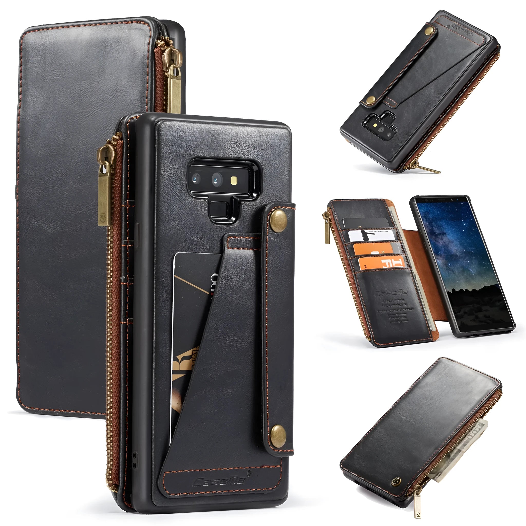 Black leather flip phone case open showing Samsung Galaxy Note9 phone inside