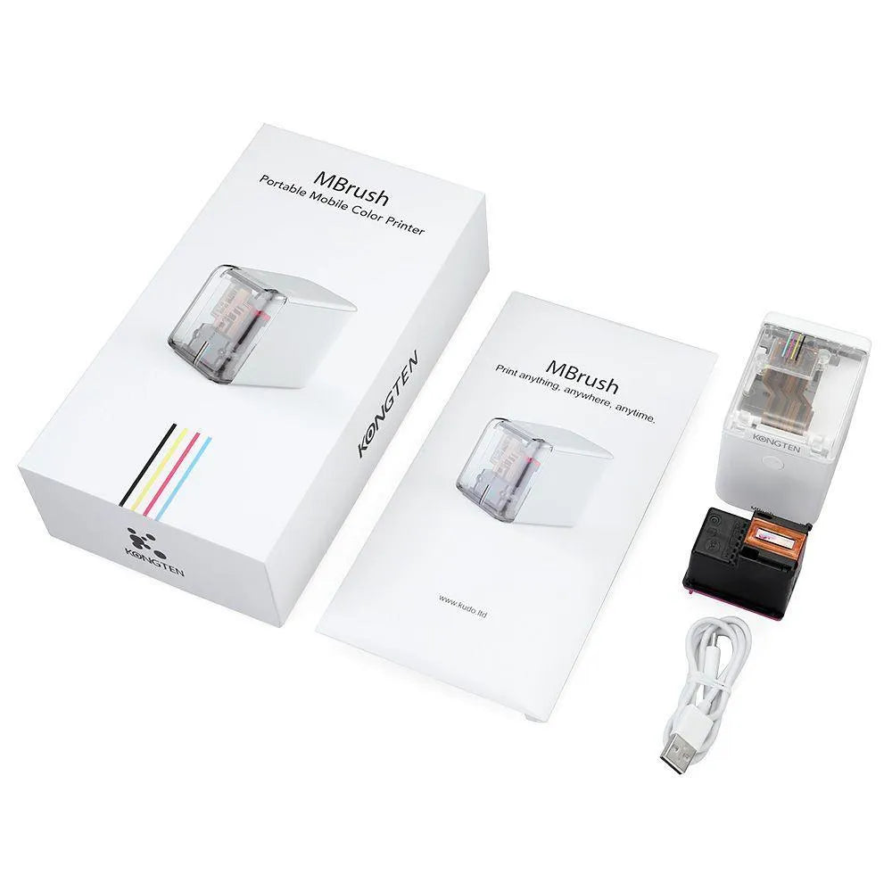 Portable mobile inkjet printer with tri-colour ink cartridge and USB interface, shown for printing drawings in Black or White