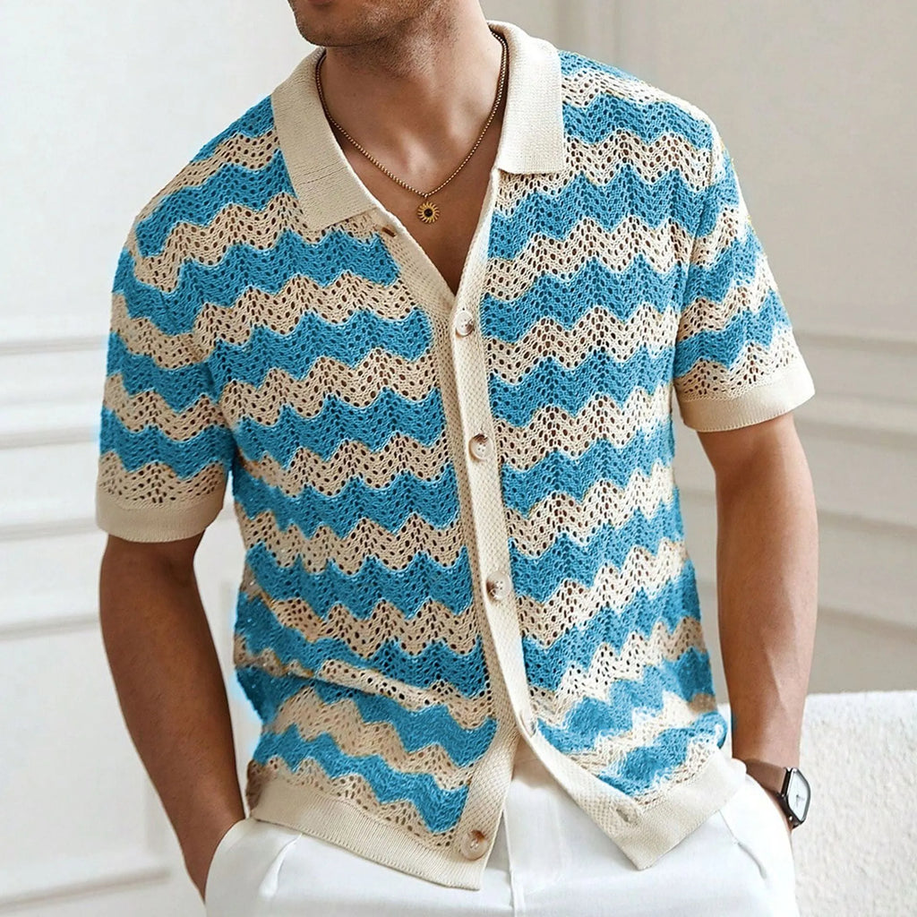 Short-sleeved yellow Tencel sweater with a textured hollow jacquard corrugated pattern, shown on a hanger.