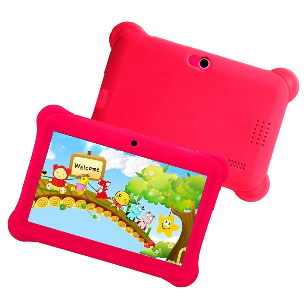 Children's tablet with 7-inch multi-touch screen, 8GB storage, 512MB RAM, ABS plastic shell, available in black, purple, and red.
