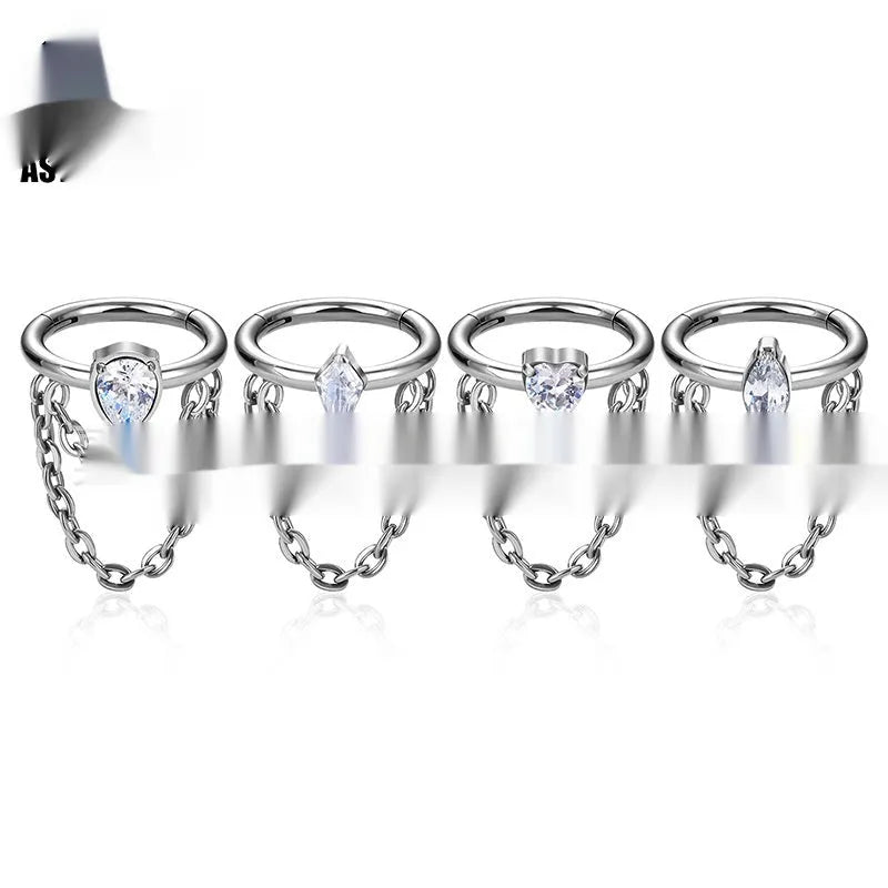 Titanium alloy inlaid zircon hanging double chain ear studs in gold colour unisex style