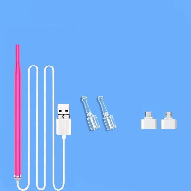 Visual ear pick for children in black, blue, or pink, with light, connecting to PC or Android phone for earwax cleaning.