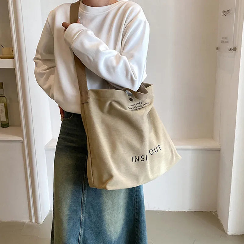 Large-capacity canvas tote bag with alphabet print and adjustable strap in coffee colour