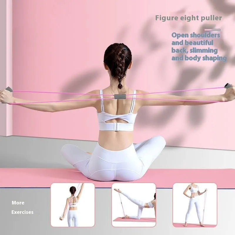 Yoga four piece set showing leg beauty device, yoga ring, pedal tensioner, and figure eight tension rope for fitness.