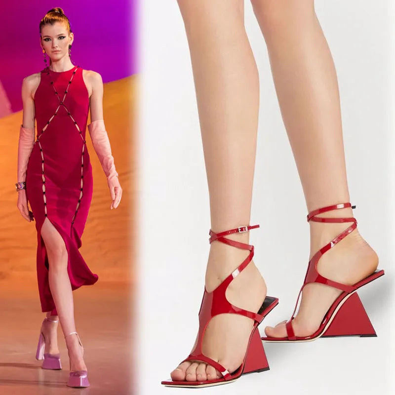 Women's black square-toe high heel sandals with a block heel and button fastening.