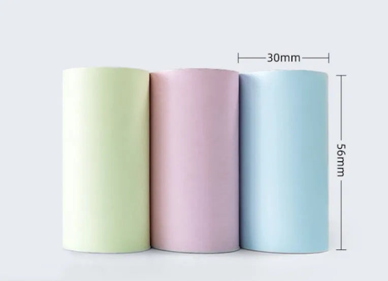 Three rolls of 57mm x 30m thermal printing paper in pink, yellow, and blue for student wrong question books