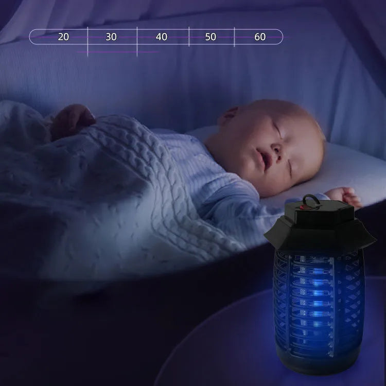 Black aromatherapy mosquito lamp with a UV glass tube and protective metal grid for indoor insect control.