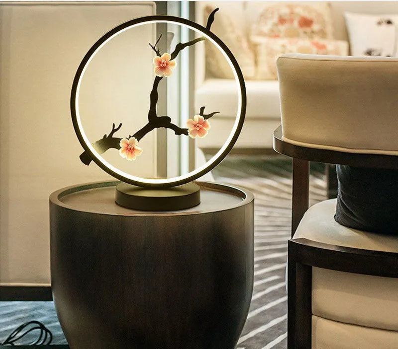 Chinese style ceramic LED table lamp matte black with glass lampshade 30cm diameter