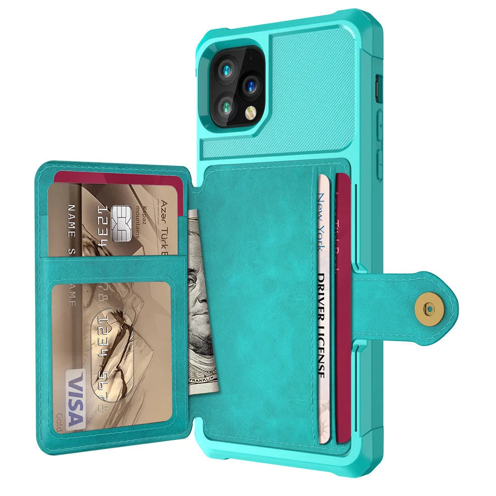 Imitation leather phone case with built-in card wallet and cash slot for iPhone, shown in multiple colours.