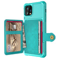Imitation leather phone case with built-in card wallet and cash slot for iPhone, shown in multiple colours.