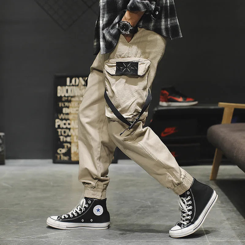 Men's cotton cargo pants in Khaki with multiple pockets, side view