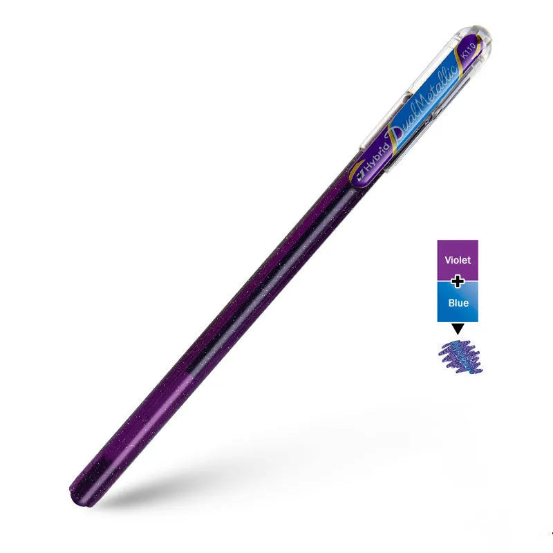 Flash K110 1.0mm gel pen with pearlescent glitter ink in eight colour options on white paper.