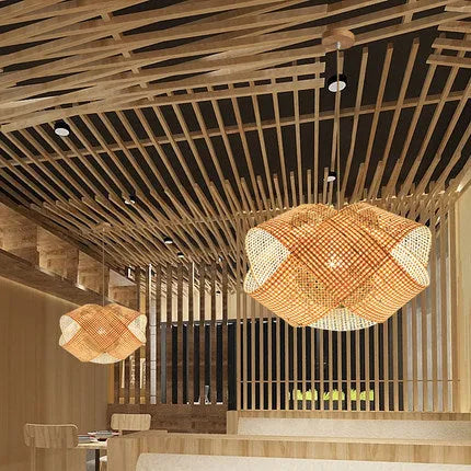 Bamboo woven rattan ceiling lamp pendant chandelier New Chinese style 80cm diameter for restaurant