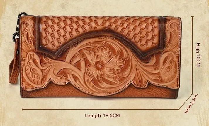 Brown tri-fold leather wallet with deep embossed floral pattern, shown open to reveal card slots and lining.