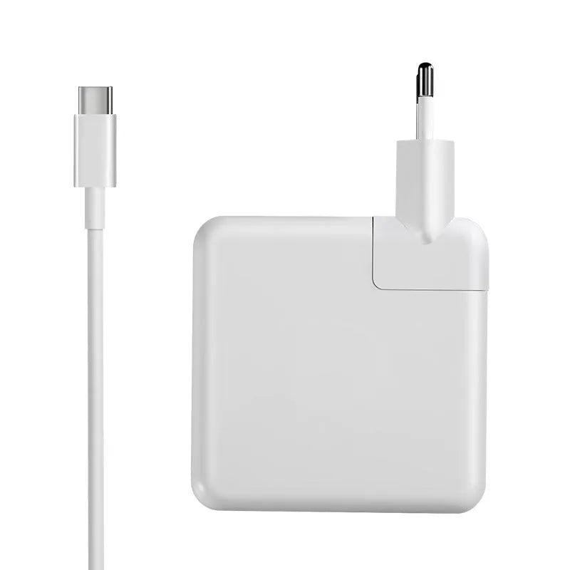61W USB-C laptop charger with international UK EU US AU plugs measuring 7x7x3cm